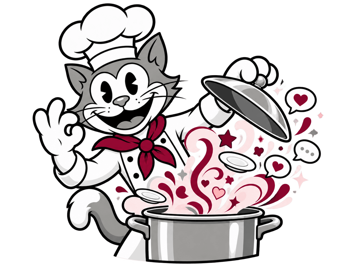 Chef Cat destapando una olla de la que salen corazones, estrellas y burbujas de conversación