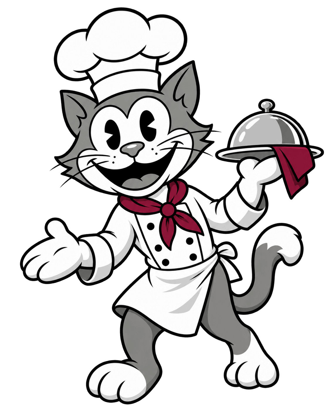 Chef Cat presentando un platillo con charola