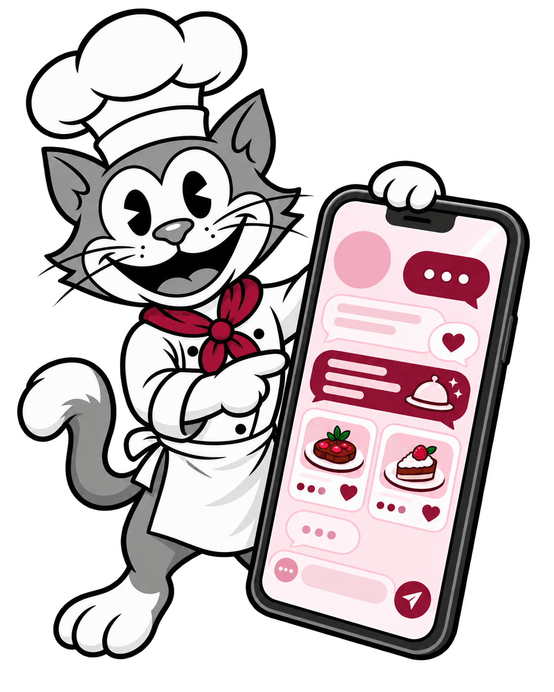 Chef Cat mostrando una conversación de Sommeli en un teléfono