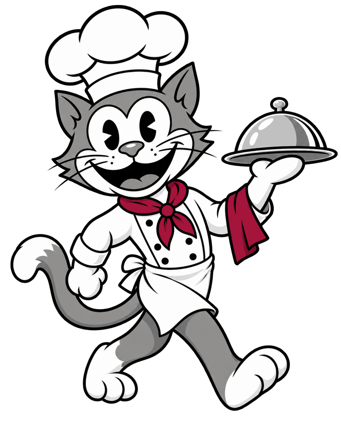 Chef Cat caminando con una charola servida